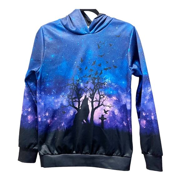 Halloween Spooky Nights Wolf Howling October Blue Hoodie Sweatshirt Sz Medium - Picture 1 of 8